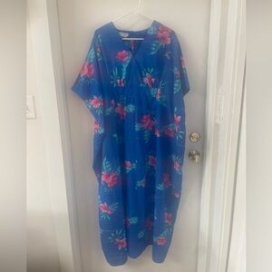 Vintage Tropical Hawaiian Muu Muu Kaftan Maxi Dress Blue Floral Kimono One Size